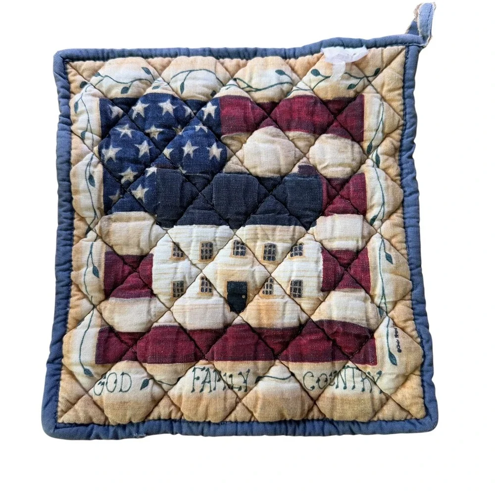 Primitive Americana God Family Country Potholder Quilted American Flag House